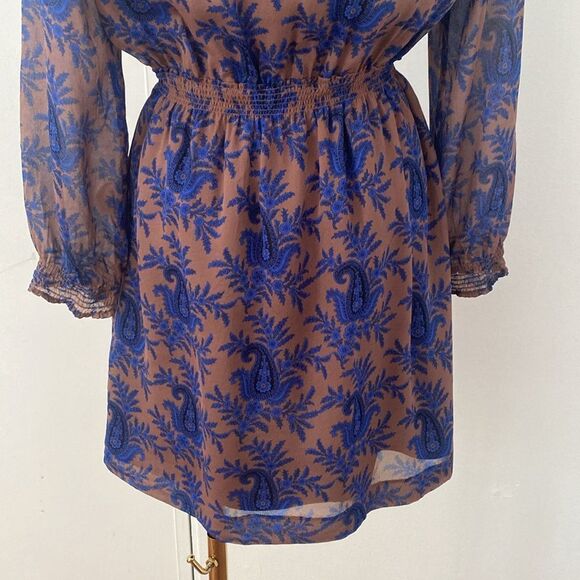 Madewell Broadway & Broome Blue and Brown Silk Paisley Mini Dress Size 6 - Picture 8 of 14